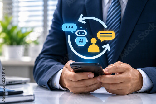 Feedback loop between AI chatbot and human user, through business professional using smartphone to automation, communication, and virtual interaction for customer service and business growth