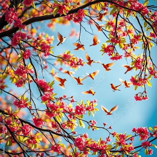 Vibrant tree branches adorned with fluttering birds, winged creatures, bird's eye view