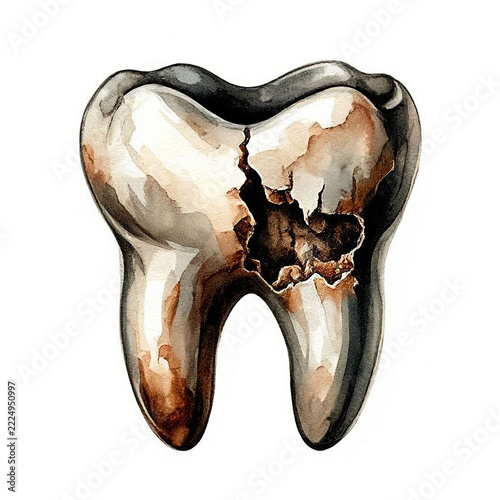 Watercolor dirty unhealthy decay molar tooth with caries Dental clinic dentistry illustration Single element for design