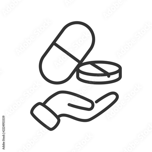 Outline medicine pill and tablet on hand icon.