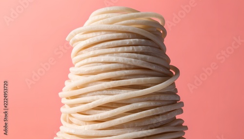 Stack of raw white noodles on a solid pastel pink background