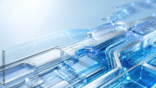 Close up abstract view of a futuristic digital circuit board with glowing blue light pathways and complex geometric patterns, symbolizing technology and data flow