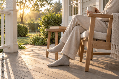 Person holding a ceramic mug on a wooden porch chair in morning light