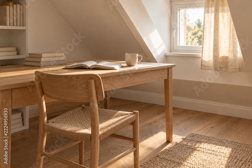 Oak desk with books and a ceramic mug in a sunlit attic study