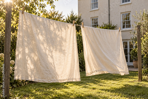White linen sheets hanging on a clothesline in a sunlit garden