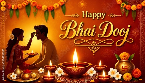 Festive Orange Bhai Dooj Background with Hanging Lights and Silhouettes