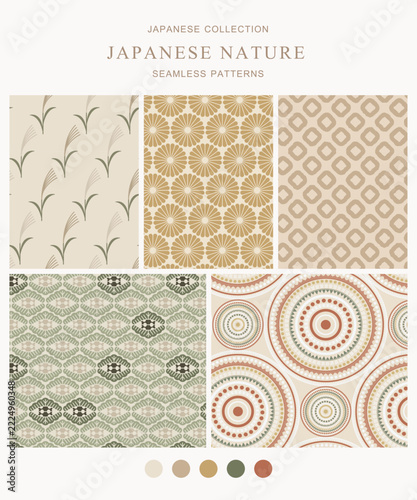 Japanese-inspired seamless pattern backgrounds featuring susuki grass, chrysanthemum flowers, shibori dots, pine branches, and temari balls. Ideal for wallpaper, fabric, gift wrapping, and home decor.