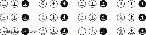 Upload and download icon set for arrow transfer data on isolated transparent background, minimalist vector outline symbol for file sync save load, clean mobile application user interface element