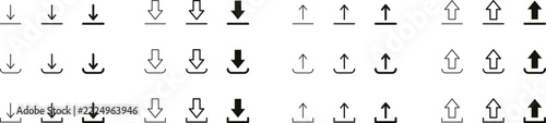 Upload and download icon set for arrow transfer data on isolated transparent background, minimalist vector outline symbol for file sync save load, clean mobile application user interface element
