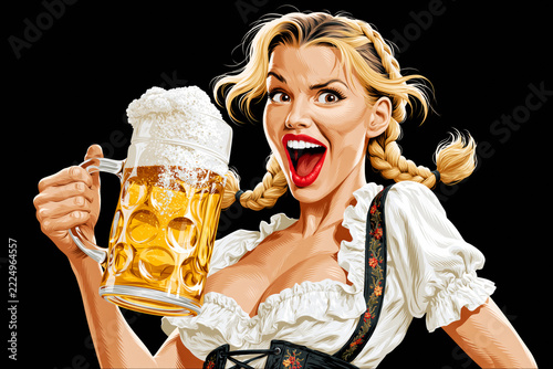 Illustration of playful blonde woman in dirndl holding overflowing beer mug, Oktoberfest concept