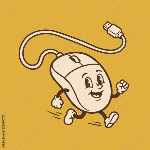 Cartoon computer mouse character running with a USB cable  