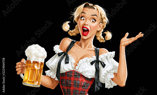 Illustration of playful blonde woman in dirndl holding overflowing beer mug, Oktoberfest concept