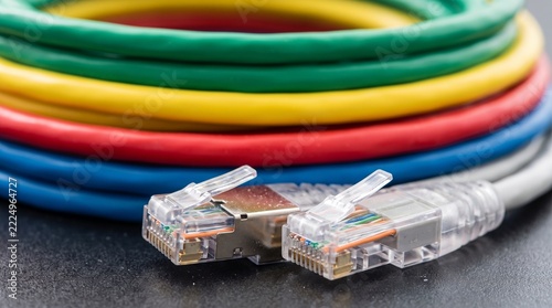 Colorful ethernet cables coiled together, vibrant network patch cords with RJ45 connectors for IT infrastructure and internet connection