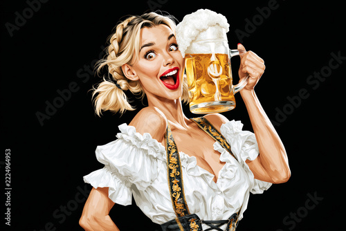 Illustration of playful blonde woman in dirndl holding overflowing beer mug, Oktoberfest concept