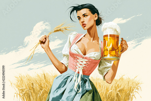 Illustration of woman in dirndl holding beer mug and wheat in golden field, Oktoberfest concept