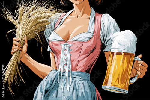Illustration of woman in pink corset holding beer mug and wheat close-up, Oktoberfest concept