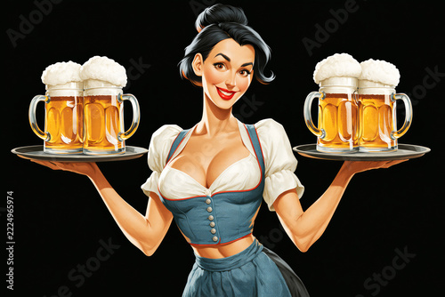 Illustration of smiling waitress in blue dirndl carrying two trays of beer mugs, Oktoberfest concept