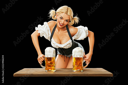Illustration of blonde waitress in dirndl leaning on table with two beer mugs, Oktoberfest concept