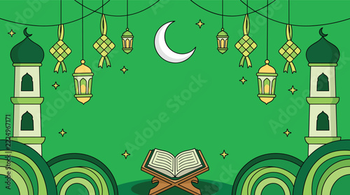 Green background with crescent moon lanterns and religious book on stand