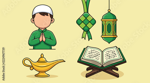 Islamic icons set with prayer boy and traditional religious objects