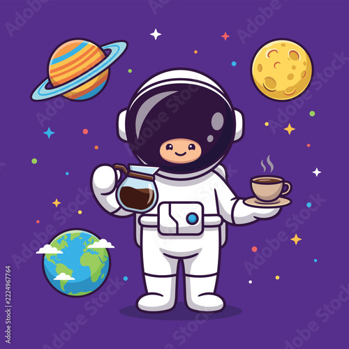Cute Astronaut Holding Coffee Pot and Cup in Space