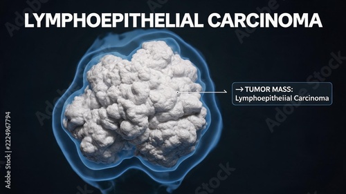 Lymphoepithelial carcinoma 3D anatomical render, glowing blue outline of malignant tumor mass, labelled medical visualization of lymphoepithelial cancer