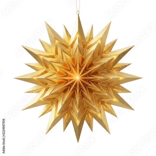 Hanging golden 3d geometric star ornament isolated on transparent background