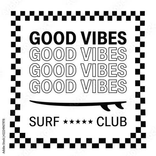 Surf club typography emblem featuring checkerboard border and surfboard graphic