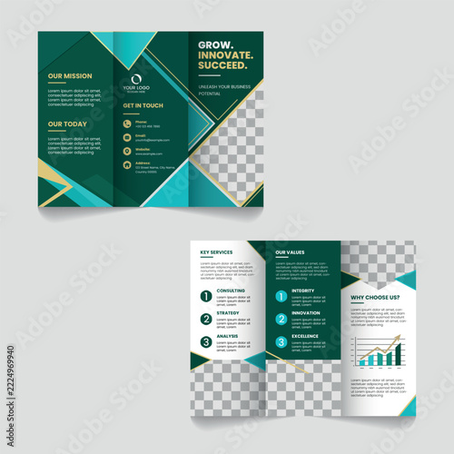 Grow innovate succeed corporate business strategy trifold brochure template
