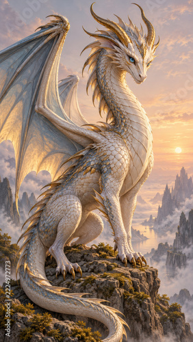 Dragon illustration fantasy character art mythical creature with ivory scales and sweeping wings, standing proudly on rocky mountain as sun sets