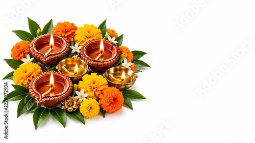 Diwali celebration background with lit clay diyas and bright yellow and orange marigold flowers isolated on white with copy space