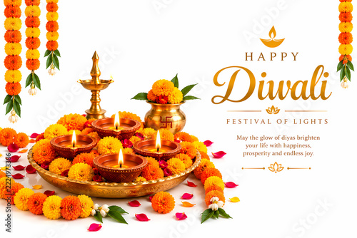 Happy Diwali greeting card template with lit diyas in a golden thali, marigold flower garlands, and festival of lights message on white
