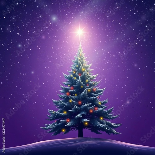 Celestial Christmas magic unfolds with a majestic tree, starry night sky, and snowflakes gently falling on a rich purple background, sky, || celestial