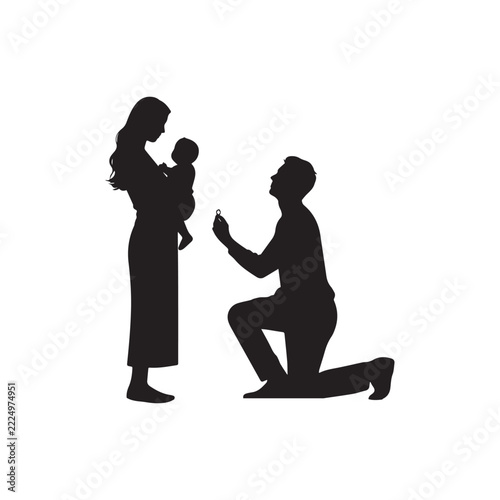 Silhouette Of Man Proposing To Woman Holding Baby With Ring Vector Design.