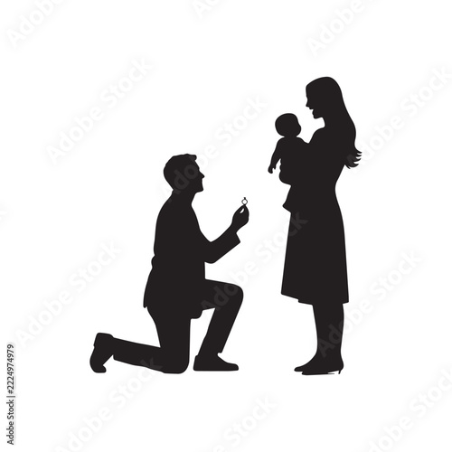 Silhouette Of Man Proposing To Woman Holding Baby With Ring Vector Design.