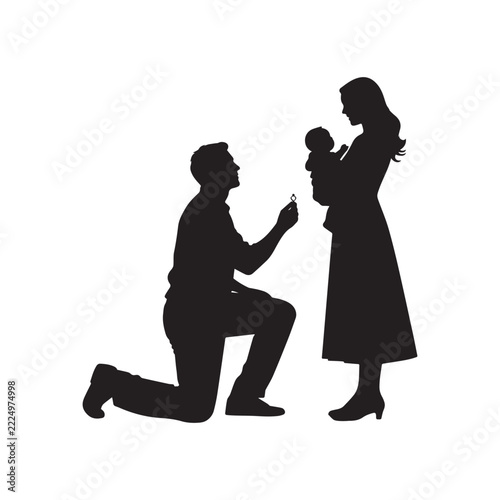 Silhouette Of Man Proposing To Woman Holding Baby With Ring Vector Design.