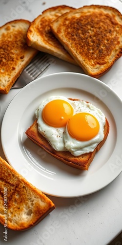 Eggs cooked sunny-side up on a white plate with toast, breakfast, white