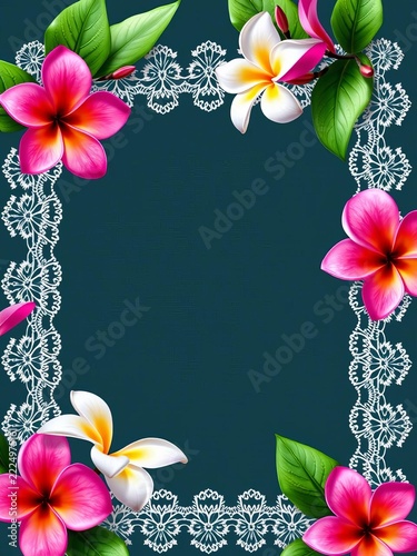 Frangipani blooms frame a delicate lace border, perfect for summer invitations, frangipani flowers, wedding stationery