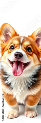 Furry Pembroke Welsh Corgi puppy with tongue out, smiling widely on a pure white background, tongue, smile