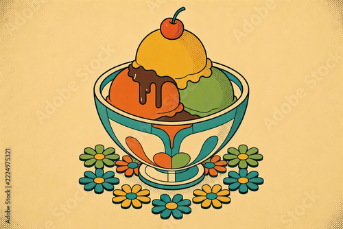 Retro 1970s Isometric Ice Cream Sundae Pop Art Vector