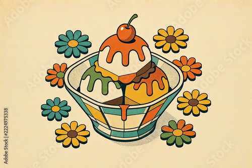 Retro 1970s Isometric Ice Cream Sundae Pop Art Vector