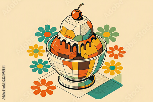 Retro 1970s Isometric Ice Cream Sundae Pop Art Vector