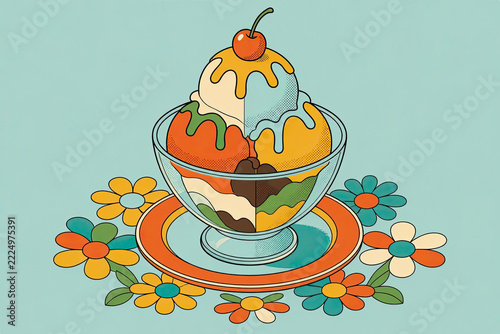 Retro 1970s Isometric Ice Cream Sundae Pop Art Vector