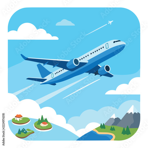 Commercial airplane flight travel concept in modern vector illustration for international aviation branding