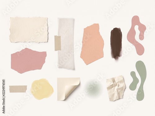 Set of torn paper pieces and organic shapes in muted pastel colors