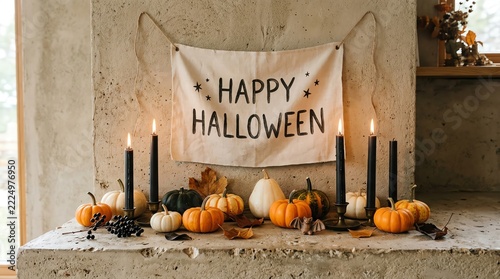 Festive Halloween Decoration with Pumpkins and Candles on a Mantelpiece