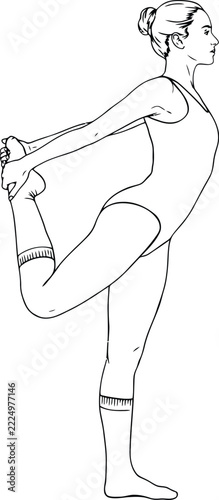 Yoga pose woman drawing doing standing quad stretch exercise