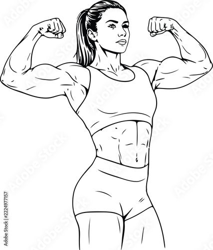 Bodybuilder woman drawing flexing muscles in athletic pose