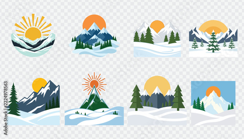 Winter mountain landscape logo set featuring snowy peaks and pine trees in minimalist style.