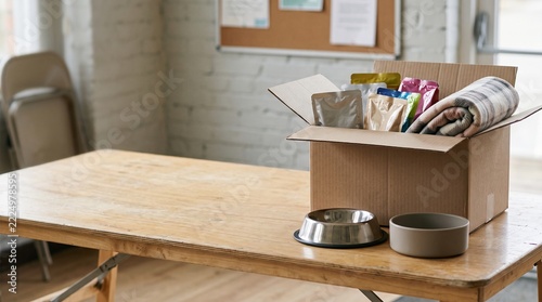 Minimalist home office desk with wooden table and office supplies box